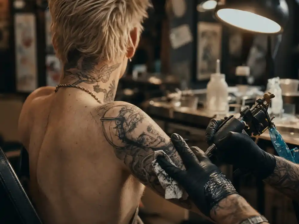 Machine Gun Kelly tattoos and their meanings studio session — tattoo artist working on arm sleeve of bleached blonde musician over-shoulder