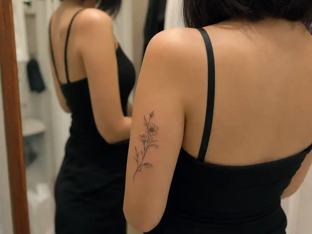 Maisie Williams tattoos and their meanings daisy — delicate black fine-line daisy flower on upper arm for Daisy Chain production company