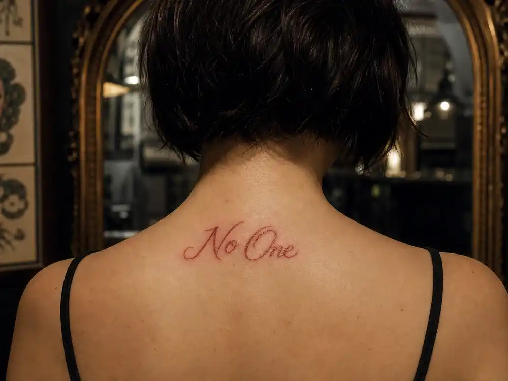 Maisie Williams tattoos and their meanings No One — red script tattoo on upper back honoring Arya Stark Faceless Men training