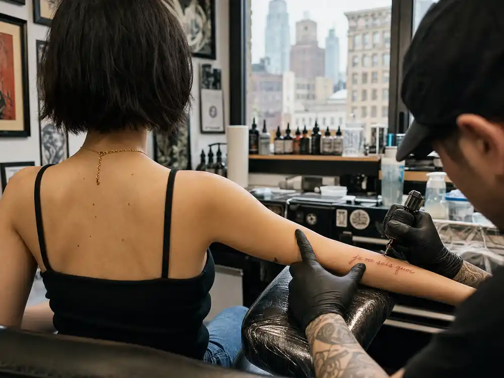 Maisie Williams tattoos and their meanings studio session — tattoo artist applying red script ink at Bang Bang NYC during July 2018 session