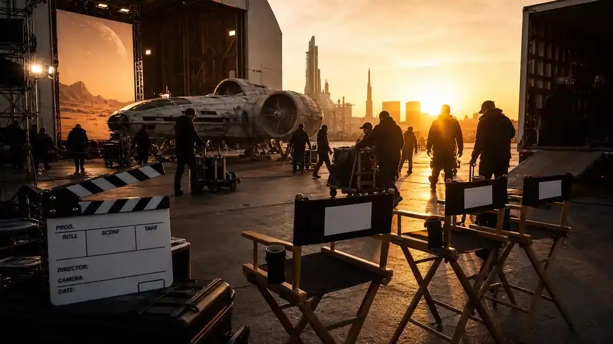 Mandalorian and Grogu movie cast explained — sci-fi blockbuster film set at dawn with crew silhouettes, clapperboard, and director chairs, editorial production reference