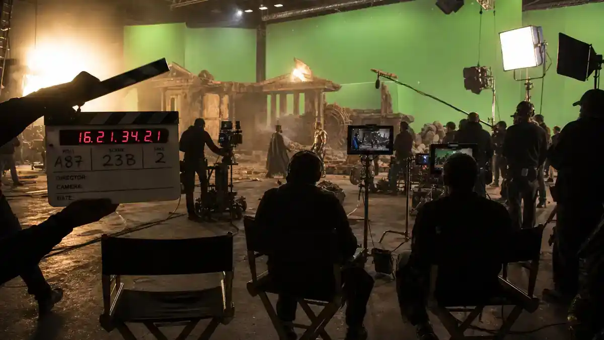 Marvel Avengers cast net worth 2026 ranked — blockbuster superhero film crew on soundstage with clapperboard and director chairs, editorial production reference