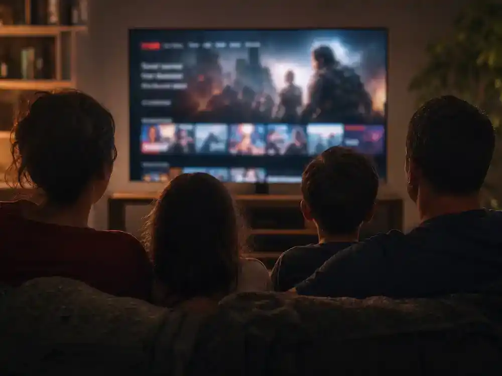 Marvel Avengers cast net worth 2026 ranked streaming era — family watching blockbuster on living room TV from behind, Phase Six viewing context
