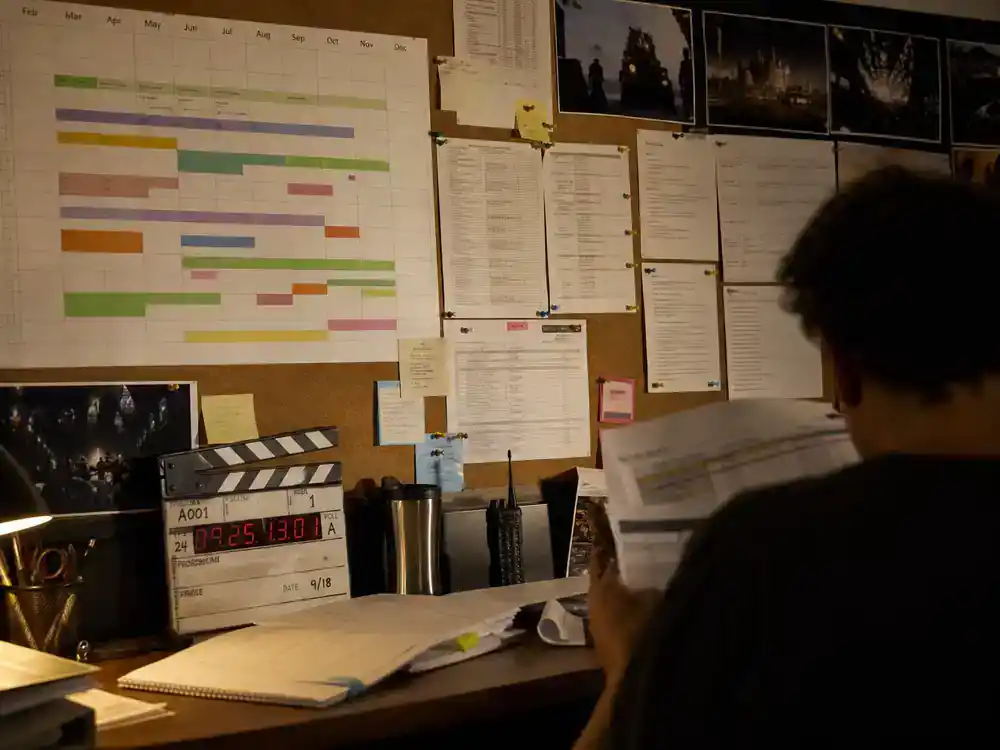 Marvel Cinematic Universe phase 6 movies cast guide Phase Six slate — production office calendar and film schedule printouts on corkboard with clapperboard