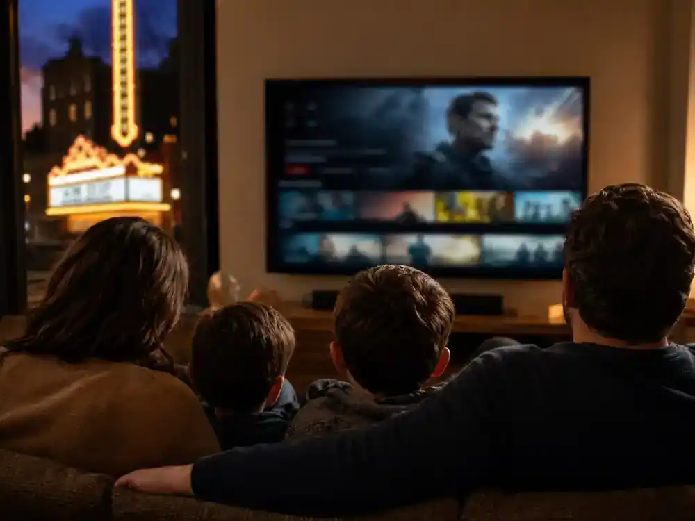 Marvel Cinematic Universe phase 6 movies cast guide release calendar — family silhouettes watching blockbuster on living room TV with generic blurred streaming interface