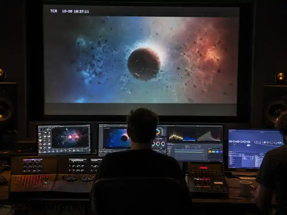Marvel Cinematic Universe phase 6 movies cast guide Secret Wars — VFX post-production suite with editor silhouettes facing cosmic sci-fi film frames on monitors