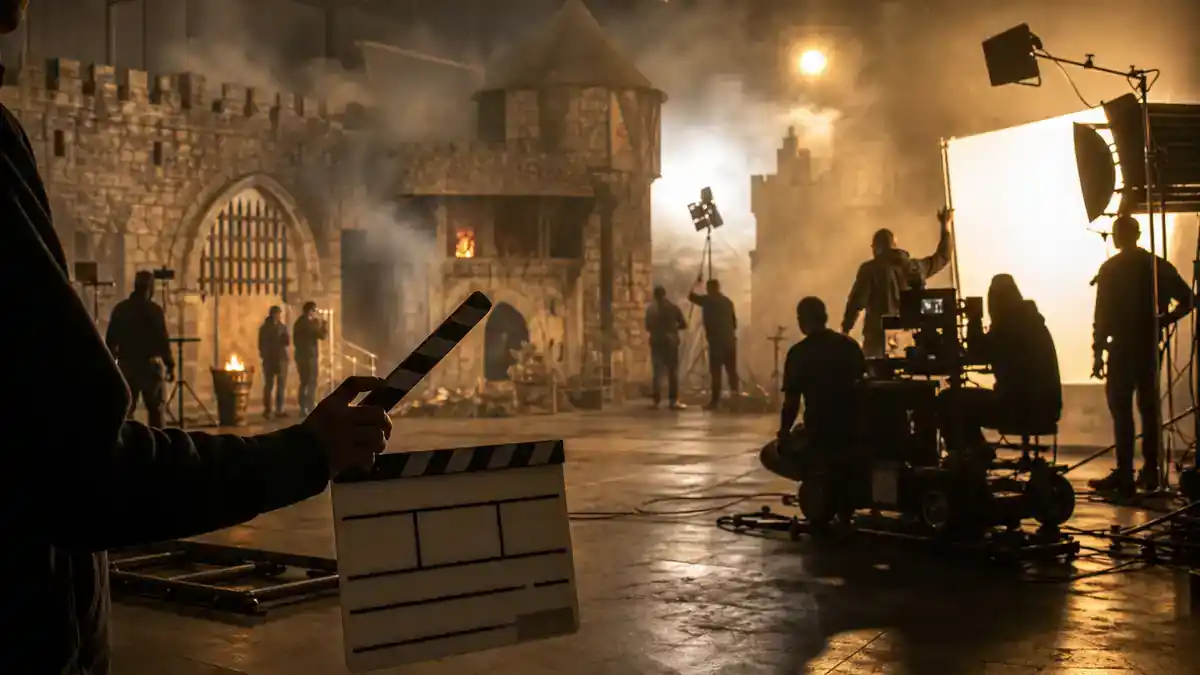 Masters of the Universe movie 2026 cast guide — fantasy epic film crew on castle soundstage with clapperboard and lighting rigs, editorial production reference