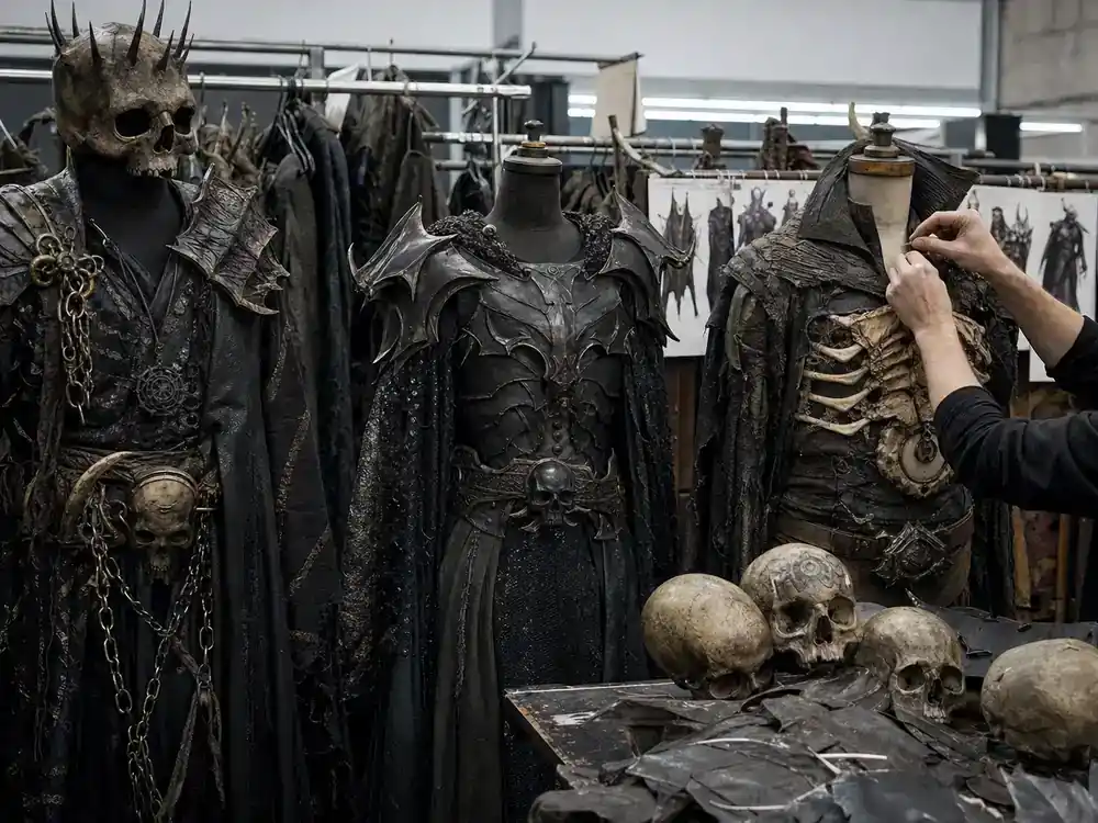 Masters of the Universe movie 2026 cast guide Jared Leto Skeletor — villain costume wardrobe rack with dark fantasy armor on mannequins, no faces visible