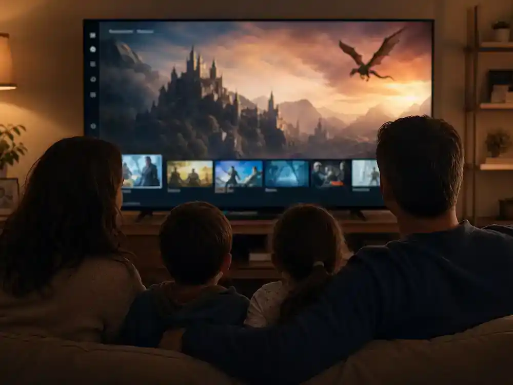 Masters of the Universe movie 2026 cast guide release — family silhouettes watching fantasy adventure on living room TV from behind, generic streaming interface
