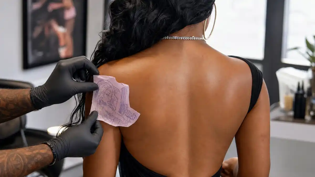 Megan Thee Stallion tattoos and their meanings — curvy athletic woman with long dark wavy hair from behind at tattoo studio with bare back showing no permanent ink