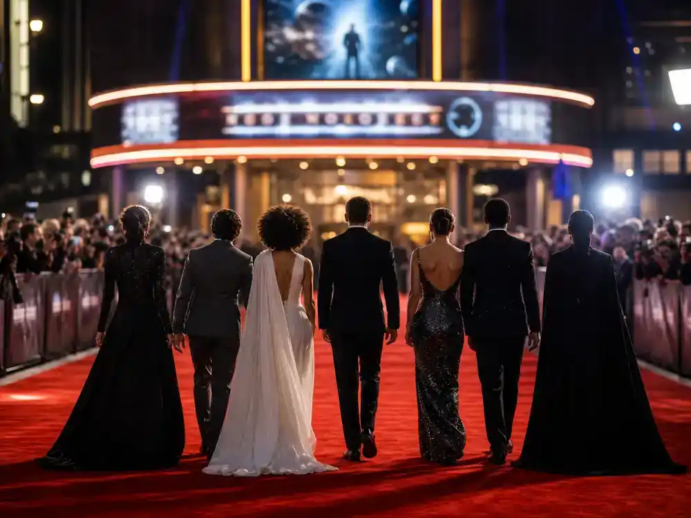 Mickey 17 movie cast and plot explained ensemble cast — premiere silhouettes walking red carpet toward theater marquee from behind