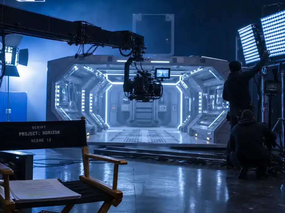Mickey 17 movie cast and plot explained filming — sci-fi spaceship interior soundstage with camera crane and crew adjusting LED panels on production set