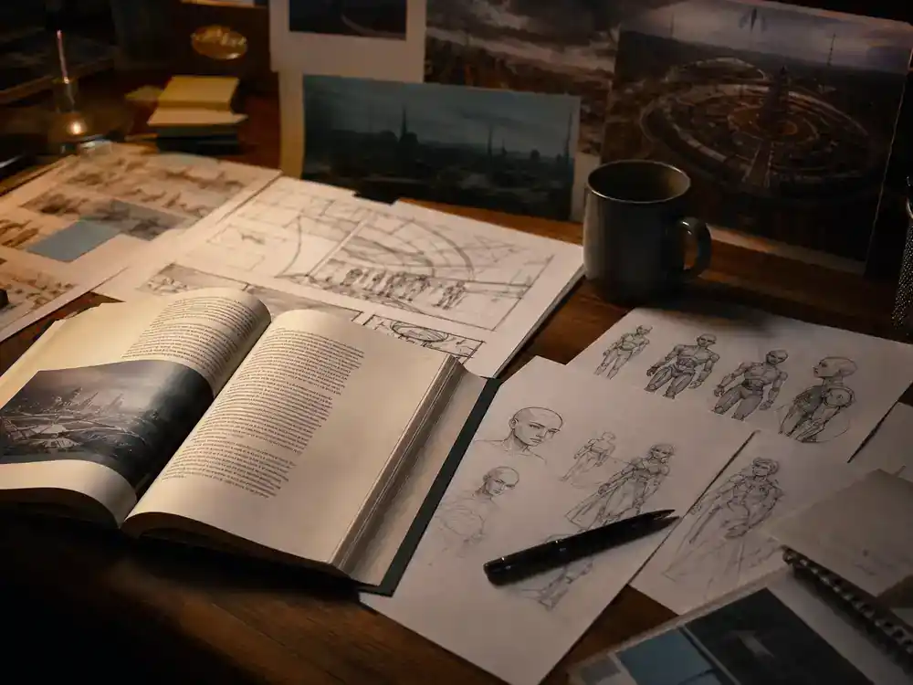 Mickey 17 movie cast and plot explained clone story — open sci-fi novel with space colony storyboard sketches on director production desk
