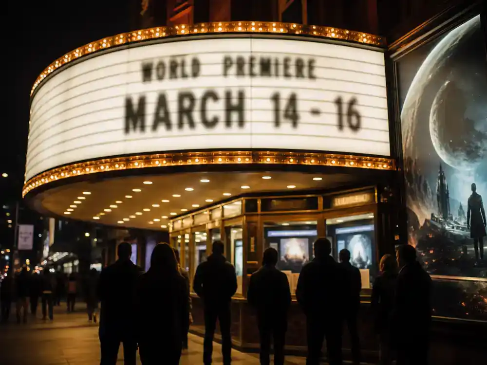 Mickey 17 movie cast and plot explained release — theater marquee with March premiere date and ticket-buyer silhouettes at evening box office