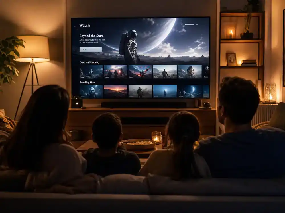 Mickey 17 movie cast and plot explained viewing — family silhouettes watching sci-fi space film on living room TV with generic streaming interface