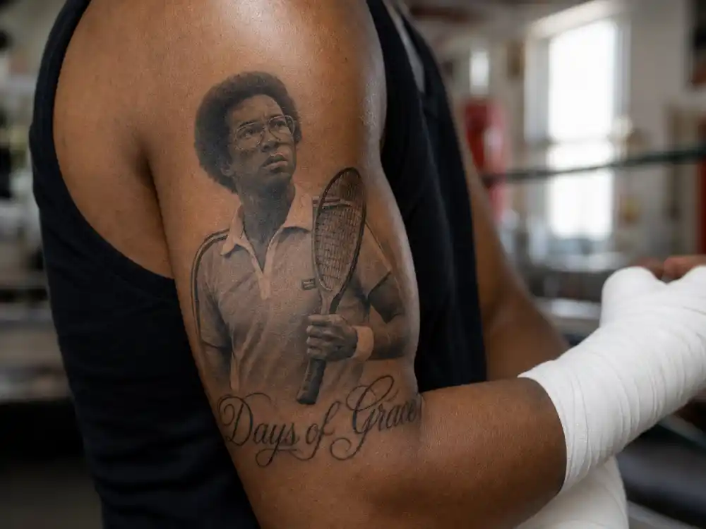 Mike Tyson tattoos and their meanings — Arthur Ashe portrait tattoo with Days of Grace script on left bicep