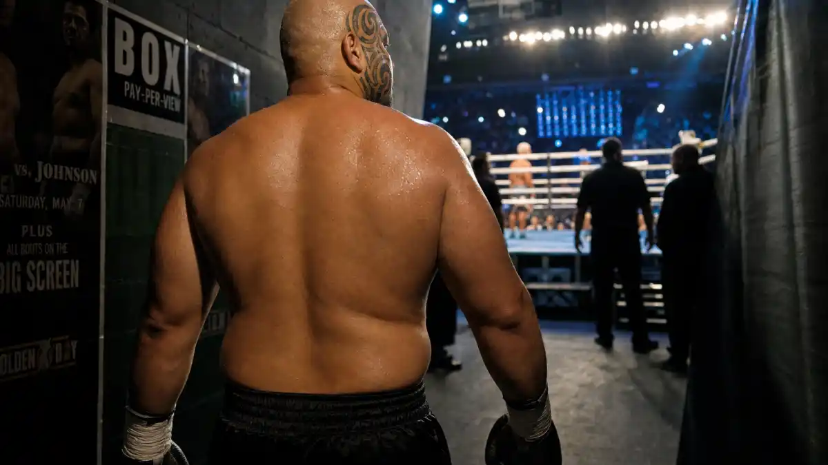 Mike Tyson tattoos and their meanings — heavyweight boxer seen from behind in gym tunnel with tribal face tattoo and arm ink visible