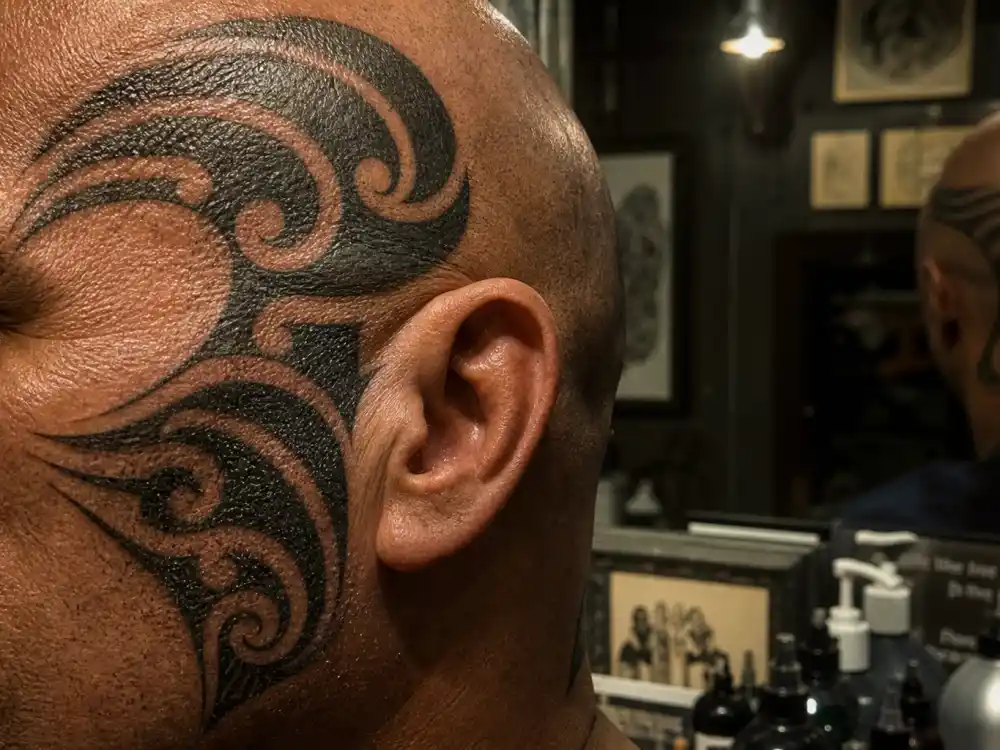 Mike Tyson tattoos and their meanings — close-up of Maori-style tribal warrior tattoo on left side of face in studio mirror