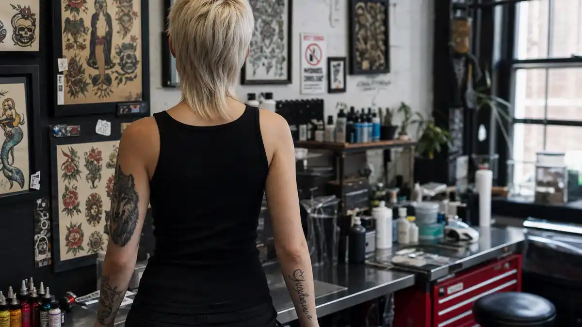 Miley Cyrus tattoos and their meanings — platinum blonde pop star seen from behind in tattoo studio with wolf arm tattoo and script forearm ink visible