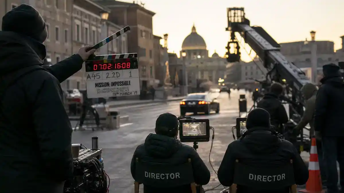 Mission Impossible 8 cast and filming facts — blockbuster spy thriller crew on closed street with clapperboard and director chairs, editorial production reference