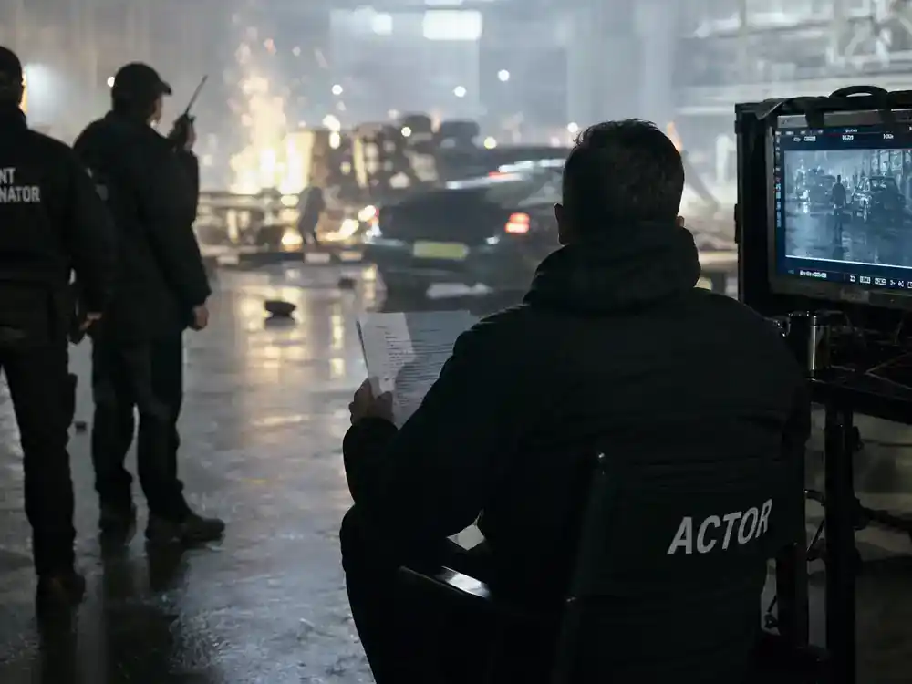 Mission Impossible 8 cast and filming facts lead star stunts — actor silhouette reviewing script on director chair with stunt coordinators on set