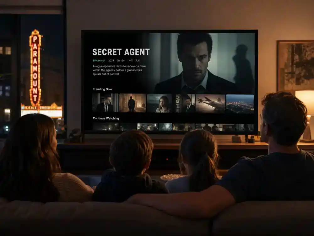 Mission Impossible 8 cast and filming facts release — family watching spy thriller on living room TV from behind with theater marquee outside window