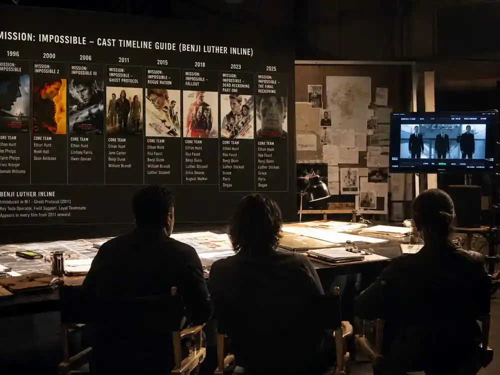 Mission Impossible movies cast timeline guide Benji and Luther — actor silhouettes from behind rehearsing dialogue on spy thriller soundstage