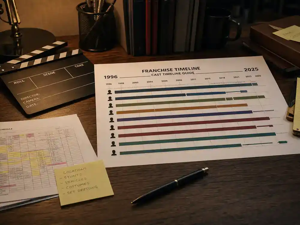 Mission Impossible movies cast timeline guide franchise timeline — production desk with release-year chart printout, clapperboard, and schedule pages