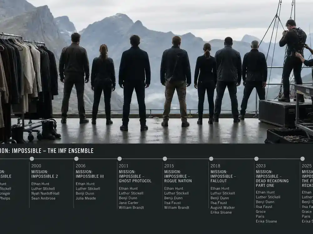 Mission Impossible movies cast timeline guide IMF ensemble — cast silhouettes from behind on action film set with stunt harnesses and costume rack