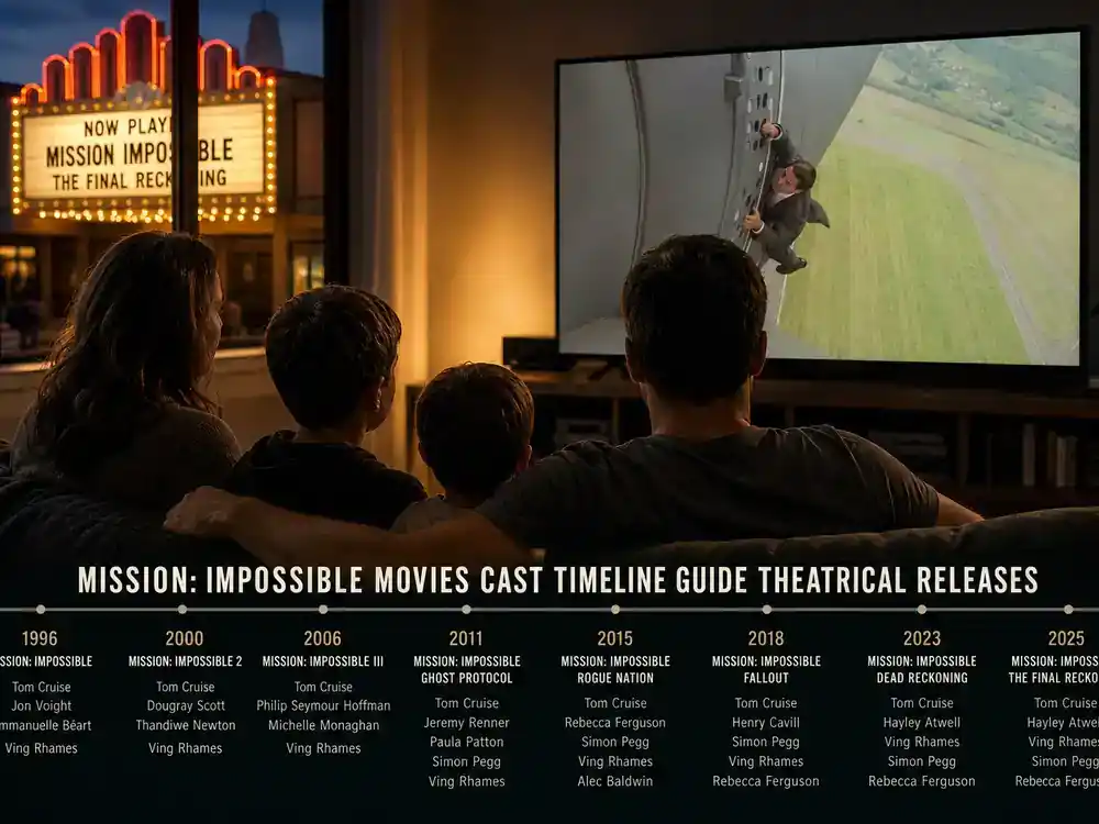 Mission Impossible movies cast timeline guide theatrical releases — family silhouettes from behind watching spy thriller on living room TV with theater marquee outside
