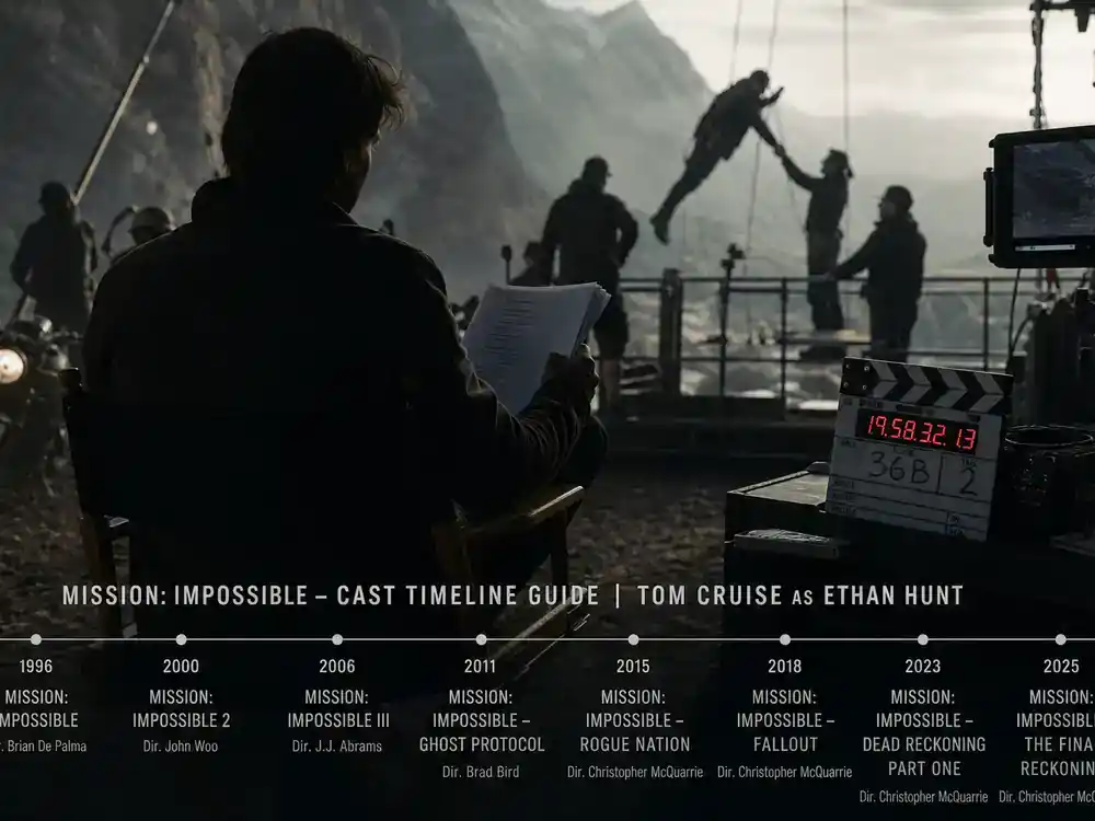Mission Impossible movies cast timeline guide Tom Cruise Ethan Hunt — actor silhouette from behind on director chair reviewing script on spy thriller set