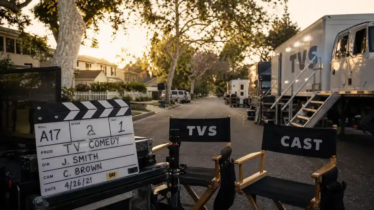 Modern Family cast net worth 2026 ranked — suburban Los Angeles TV comedy film set with clapperboard, director chairs, and production trucks at golden hour, editorial ensemble sitcom wealth reference
