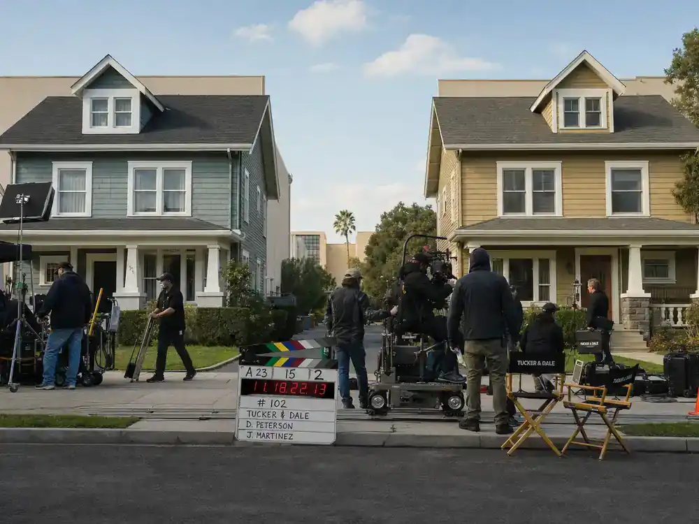 Modern Family cast net worth 2026 ranked Pritchett-Dunphy families — twin suburban house film sets on studio backlot with camera dolly and crew silhouettes