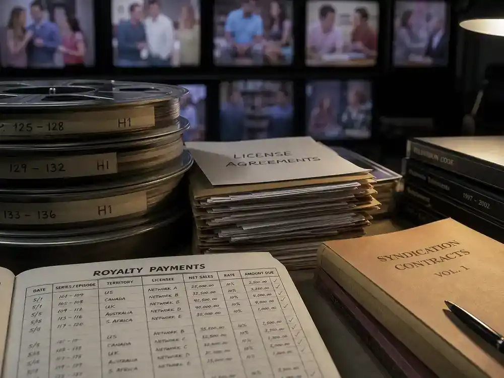 Modern Family cast net worth 2026 ranked syndication residuals — TV licensing office with broadcast reels, contract folders, and royalty ledgers beside abstract blurred screens