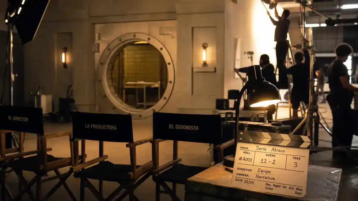 Money Heist cast and characters guide — Spanish TV heist drama soundstage with bank vault set walls, director chairs, clapperboard, and crew silhouettes on production floor