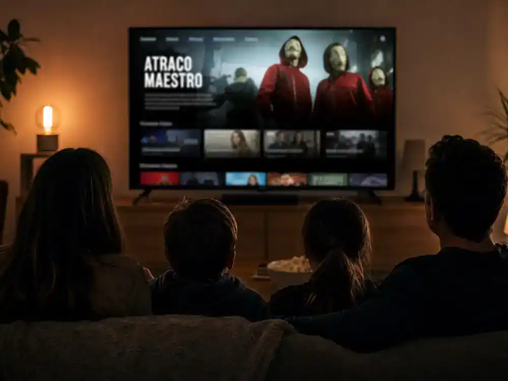 Money Heist cast and characters guide Netflix — family silhouettes watching Spanish heist drama on living room TV with generic blurred streaming interface