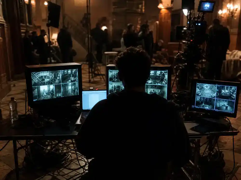 Money Heist cast and characters guide Rio — young actor silhouette from behind working at laptop and surveillance monitors on Spanish heist TV production set