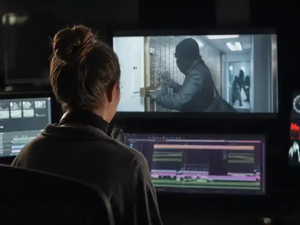 Money Heist cast and characters guide Tokyo — actress silhouette from behind at editing suite monitor reviewing heist scene footage in post-production room
