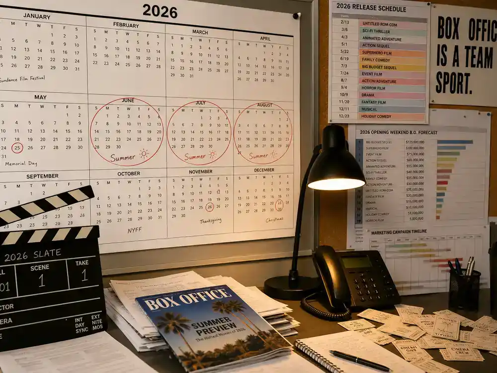 Most anticipated movies of 2026 ranked box office calendar — production office calendar with circled months, clapperboard and release schedule printouts on desk