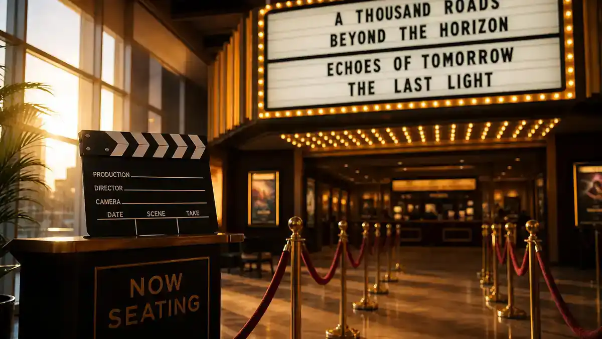 Most anticipated movies of 2026 ranked — multiplex cinema lobby at golden hour with marquee, velvet ropes, clapperboard, and warm editorial production reference