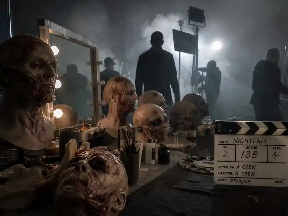 Most anticipated movies of 2026 ranked horror thrillers — practical effects makeup station with prosthetics on table, crew silhouettes in dim light