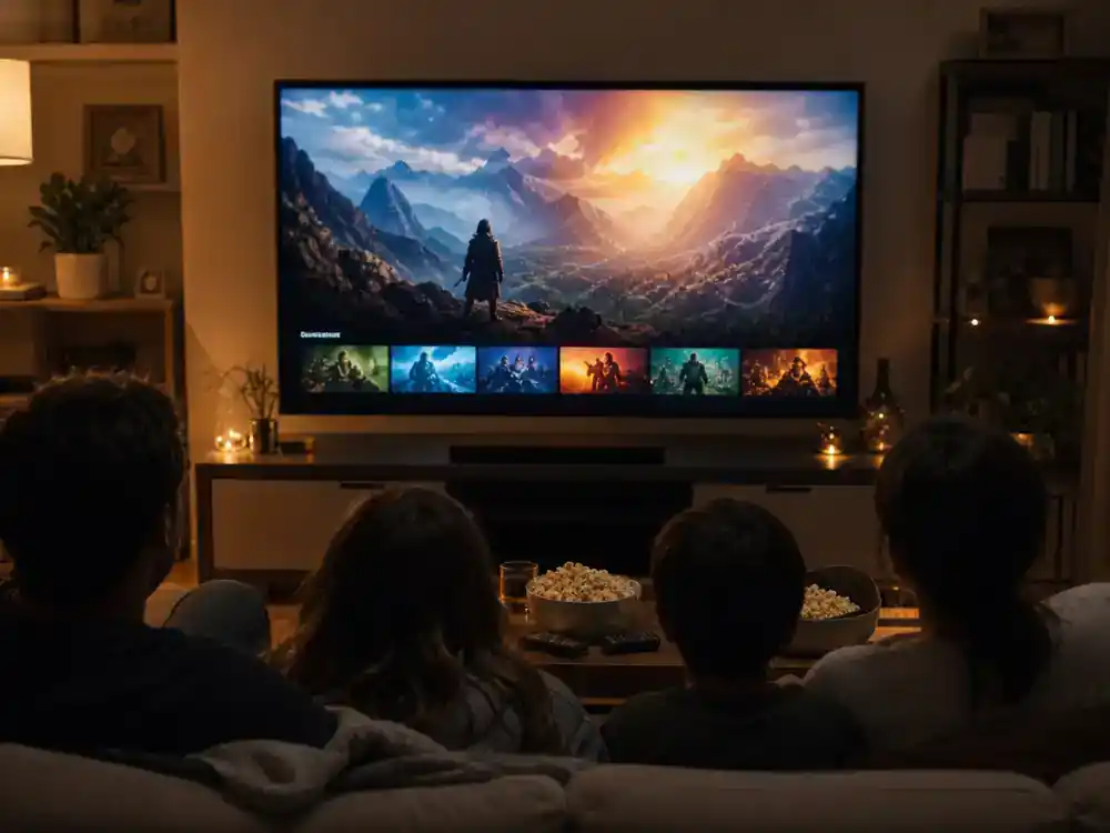 Most anticipated movies of 2026 ranked streaming premieres — family silhouettes from behind watching TV with generic trailer imagery in living room
