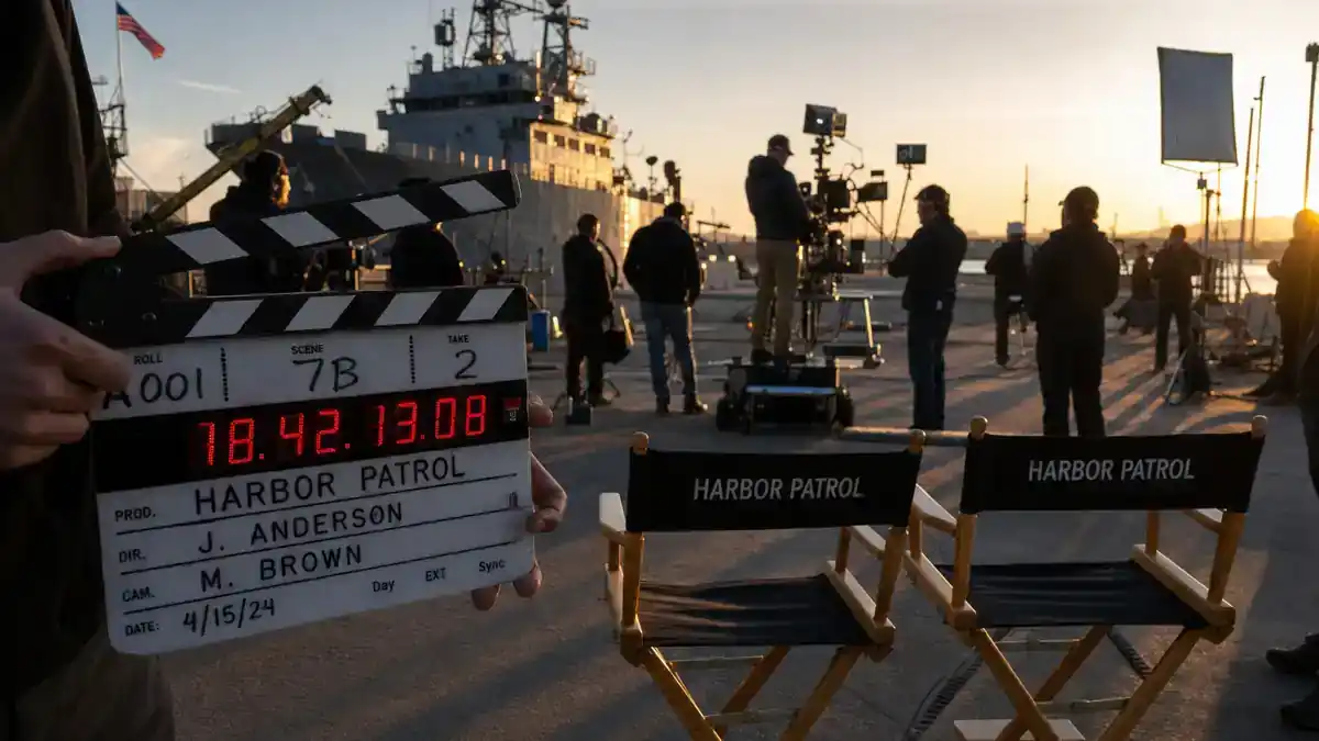 NCIS franchise 2026 cast and spinoff guide — police procedural TV drama production on naval base film set with clapperboard director chairs and crew silhouettes