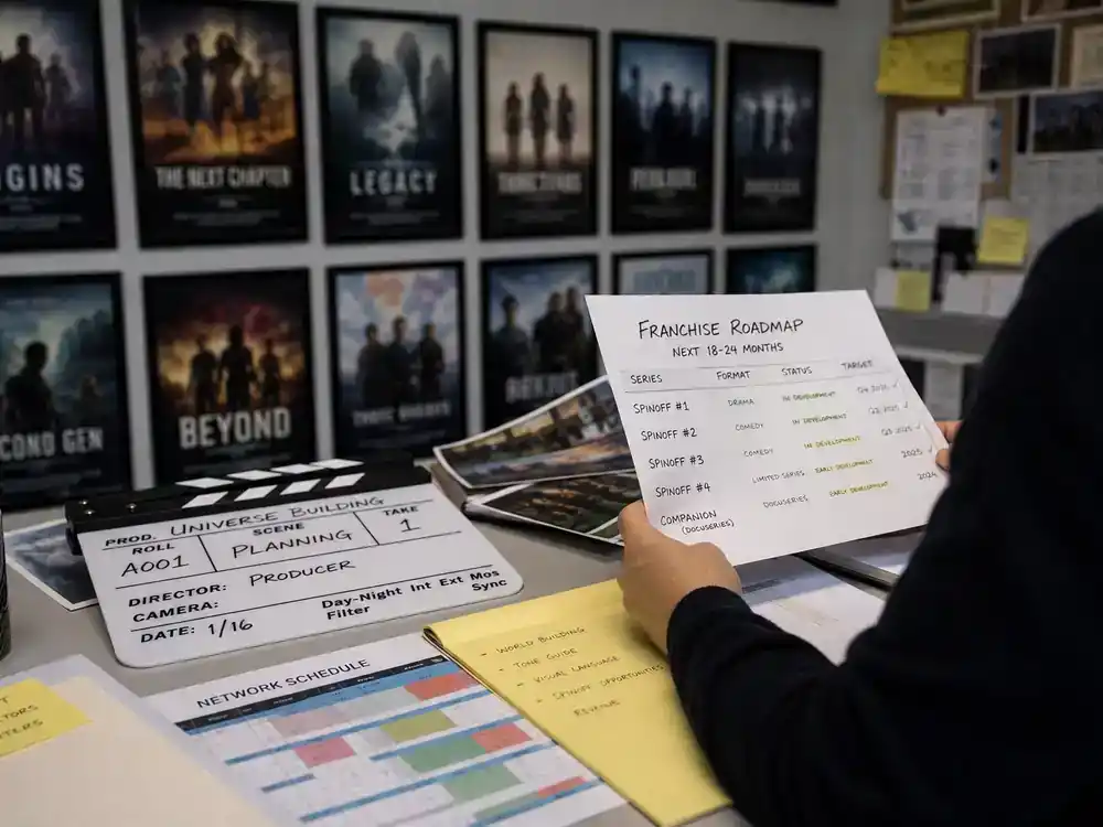 NCIS franchise 2026 cast and spinoff guide spinoffs — TV production office with generic franchise poster wall and network schedule planning documents