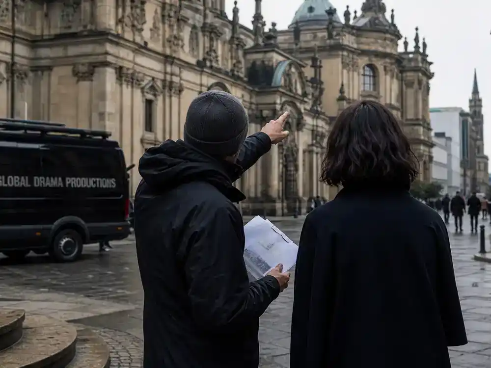 NCIS franchise 2026 cast and spinoff guide Tony and Ziva — two actor silhouettes from behind on European location scout for international TV drama production