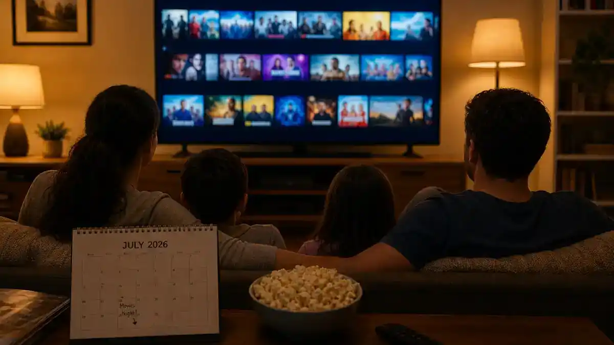 Netflix movies coming in July 2026 — family silhouettes on couch watching TV with generic streaming tiles and July calendar on coffee table, editorial reference
