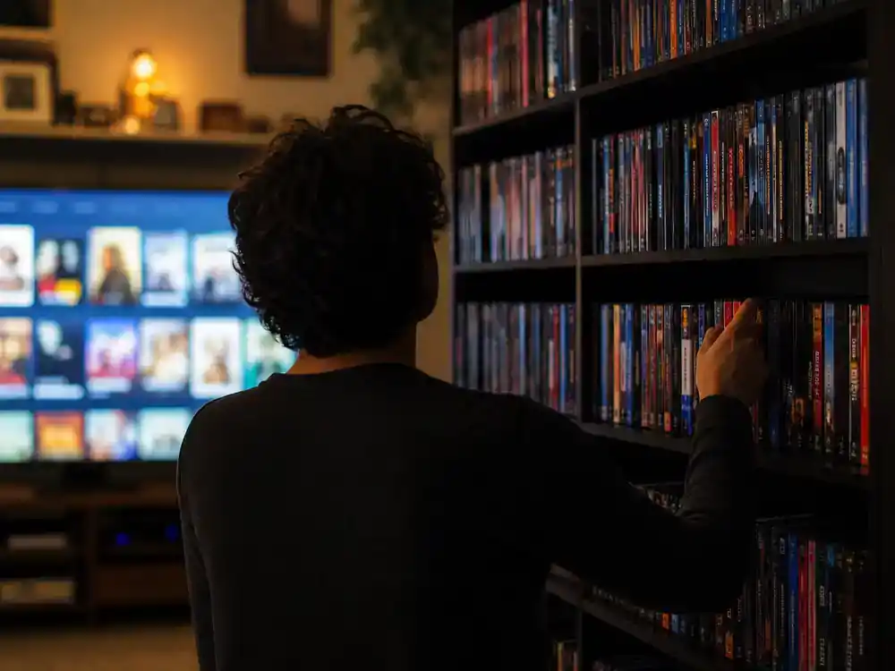 Netflix movies coming in July 2026 licensed catalog — home entertainment shelf with generic movie cases and viewer silhouette browsing from behind
