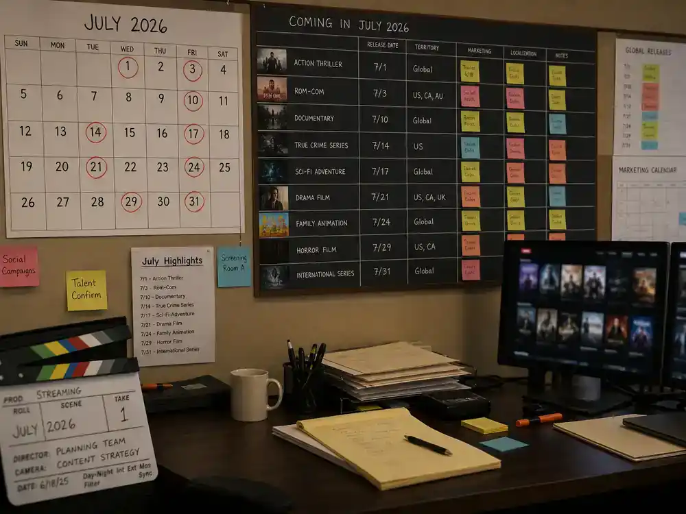 Netflix movies coming in July 2026 streaming calendar — production office wall calendar with July dates circled and release schedule boards