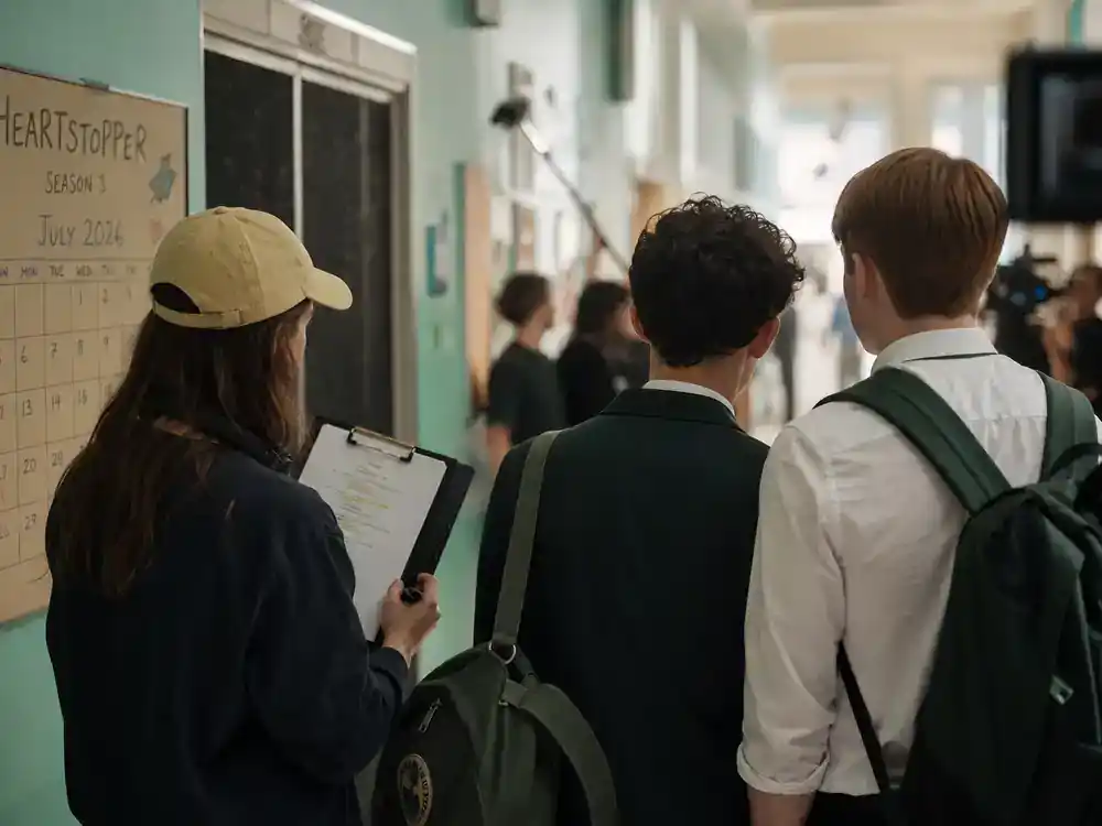 Netflix TV shows July 2026 release calendar Heartstopper Forever — young adult TV drama production hallway set with cast silhouettes from behind and director reviewing script