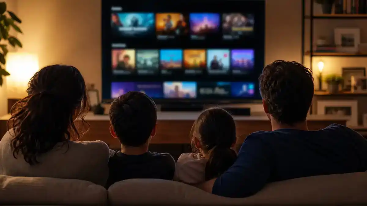 Netflix TV shows July 2026 release calendar — family silhouettes from behind watching TV with generic streaming interface tiles in living room, editorial reference